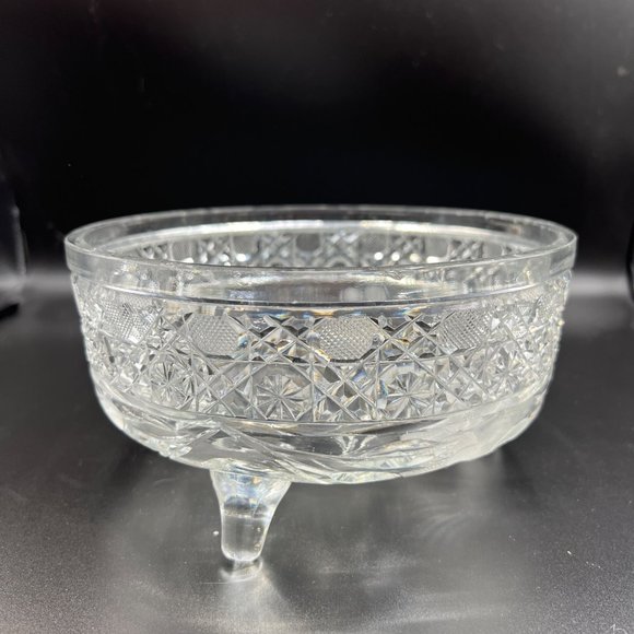 Vintage Glass Bowl Cane and Etched Flowers Three Footed 7.5” Candy Bowl - Picture 1 of 10
